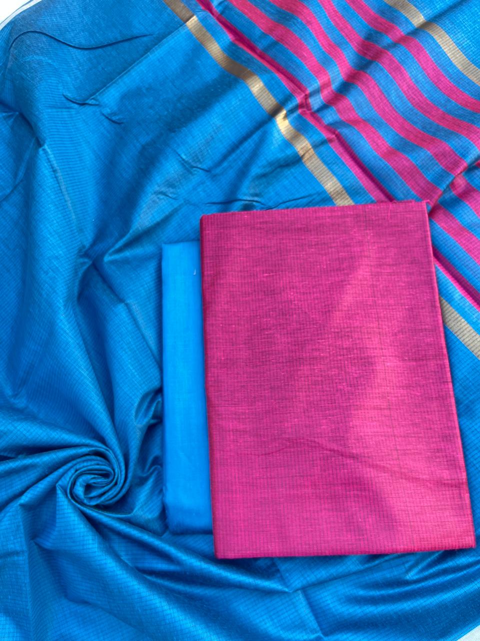 Magenta Cotton Silk Banarasi Suit with Contrast Blue Bottom & Zari Patti Dupatta 600SKL_CS25