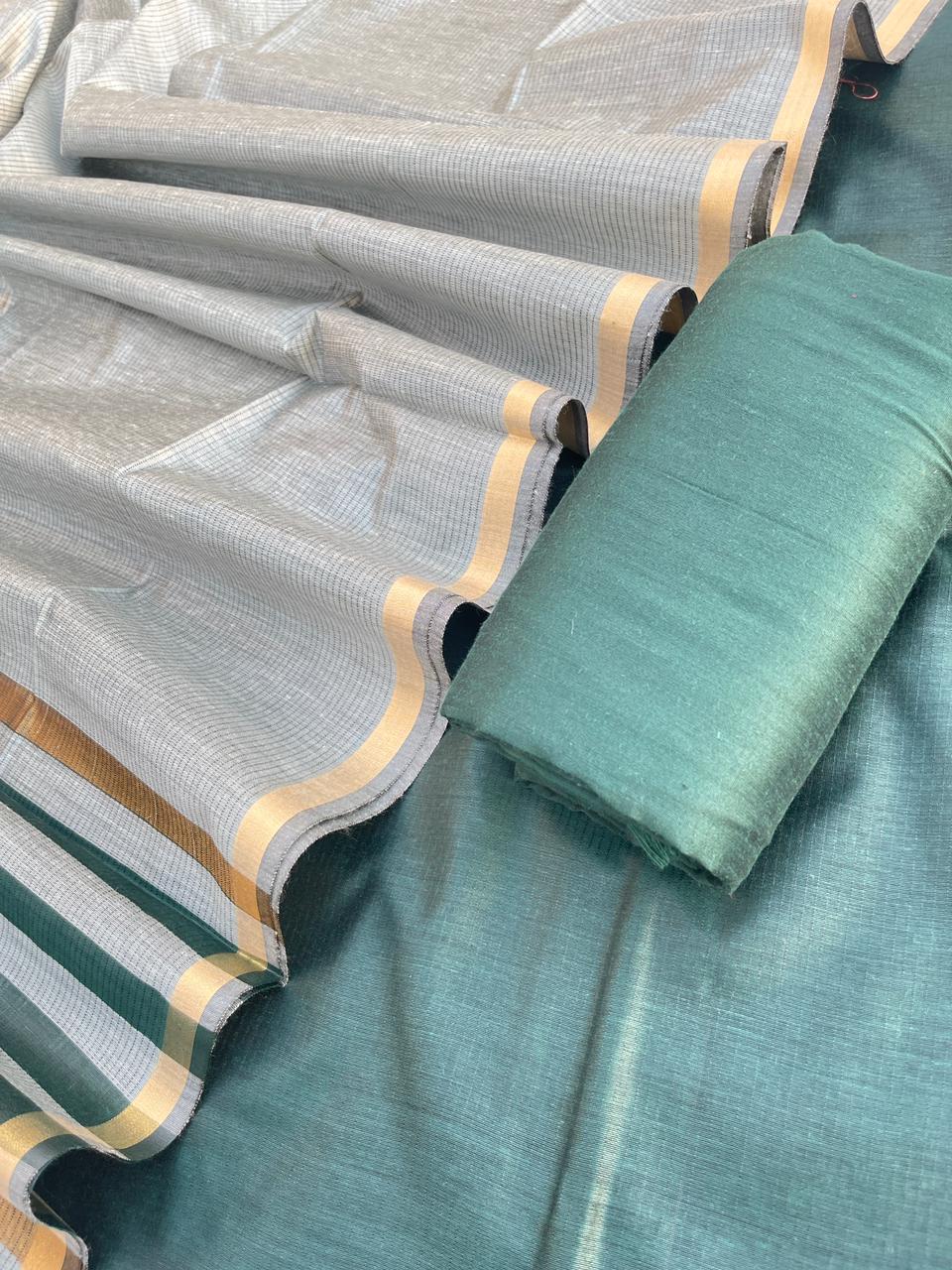 Dark Green Cotton Silk Banarasi Suit with Gold Zari Stripe Dupatta 600SKL_CS21