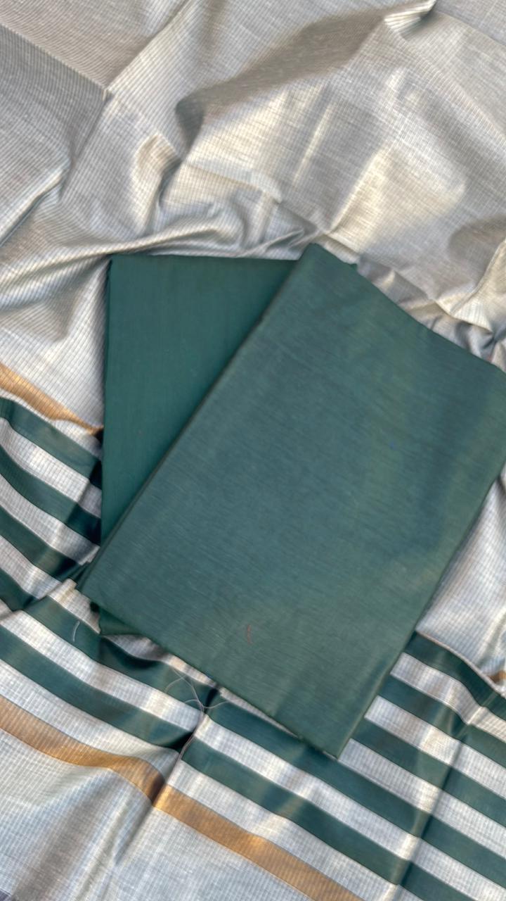 Dark Green Cotton Silk Banarasi Suit with Gold Zari Stripe Dupatta 600SKL_CS21