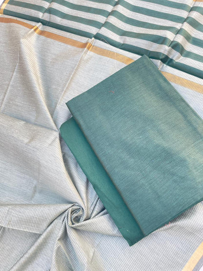 Dark Green Cotton Silk Banarasi Suit with Gold Zari Stripe Dupatta 600SKL_CS21