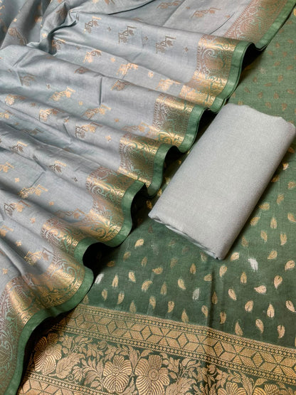 Dark Green Pashmina Silk Chunri Zari Booti Banarasi Suit with Contrast Seagreen Floral Dupatta 125DAN_PMC15