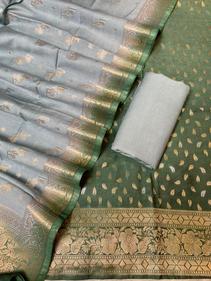 Dark Green Pashmina Silk Chunri Zari Booti Banarasi Suit with Contrast Seagreen Floral Dupatta 125DAN_PMC15