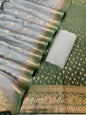 Dark Green Pashmina Silk Chunri Zari Booti Banarasi Suit with Contrast Seagreen Floral Dupatta 125DAN_PMC15