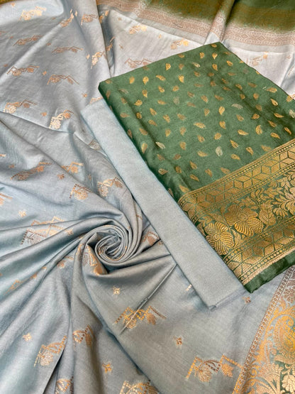Dark Green Pashmina Silk Chunri Zari Booti Banarasi Suit with Contrast Seagreen Floral Dupatta 125DAN_PMC15