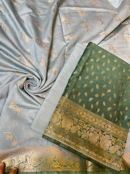 Dark Green Pashmina Silk Chunri Zari Booti Banarasi Suit with Contrast Seagreen Floral Dupatta 125DAN_PMC15