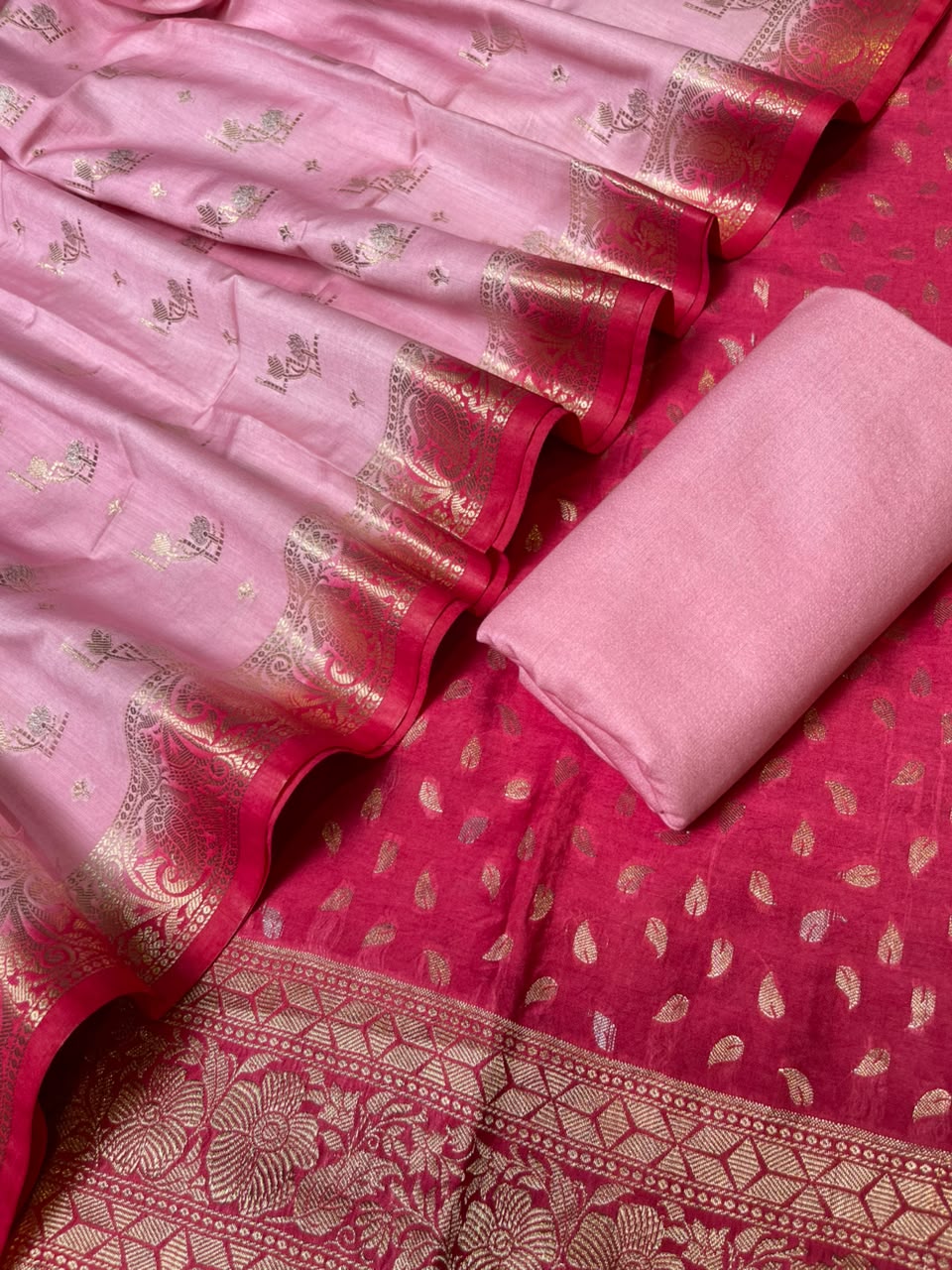 Raspberry Pink Pashmina Silk Chunri Zari Booti Banarasi Suit with Contrast Pastel Pink Floral Dupatta 125DAN_PMC11