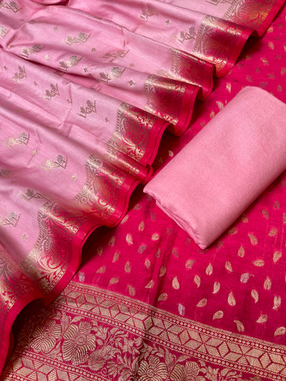 Raspberry Pink Pashmina Silk Chunri Zari Booti Banarasi Suit with Contrast Pastel Pink Floral Dupatta 125DAN_PMC11