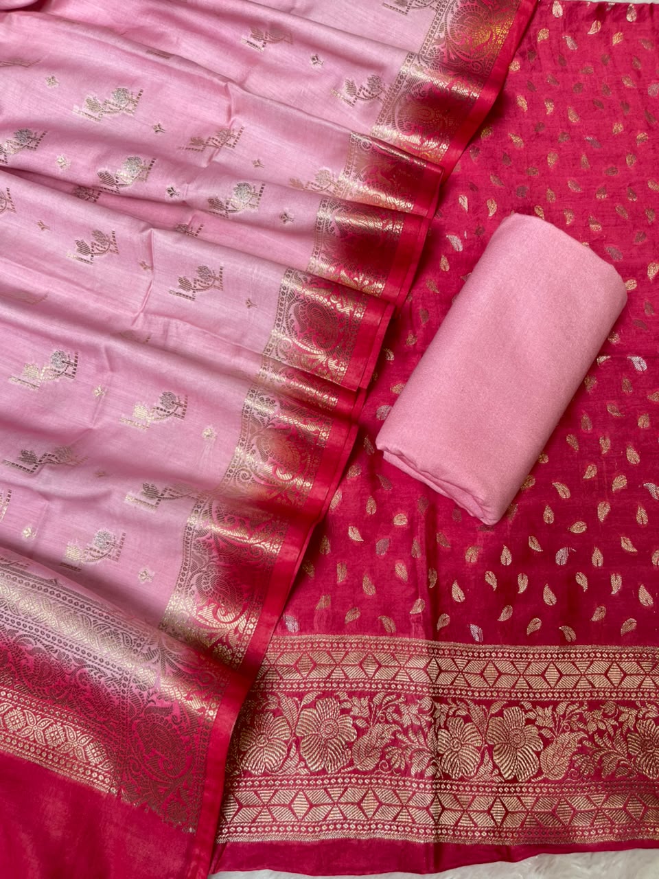 Raspberry Pink Pashmina Silk Chunri Zari Booti Banarasi Suit with Contrast Pastel Pink Floral Dupatta 125DAN_PMC11