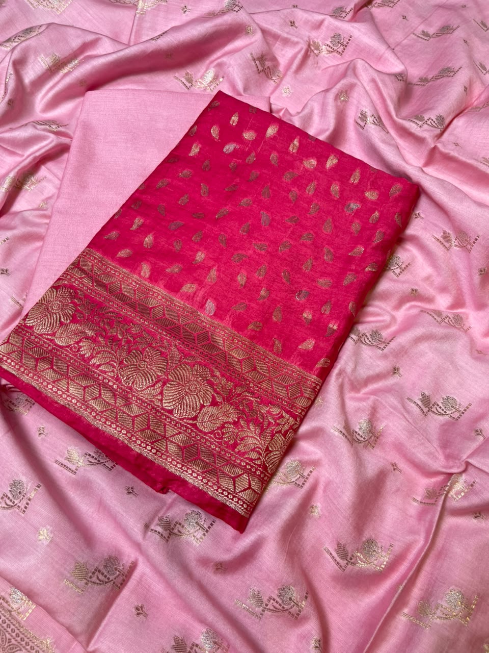Raspberry Pink Pashmina Silk Chunri Zari Booti Banarasi Suit with Contrast Pastel Pink Floral Dupatta 125DAN_PMC11
