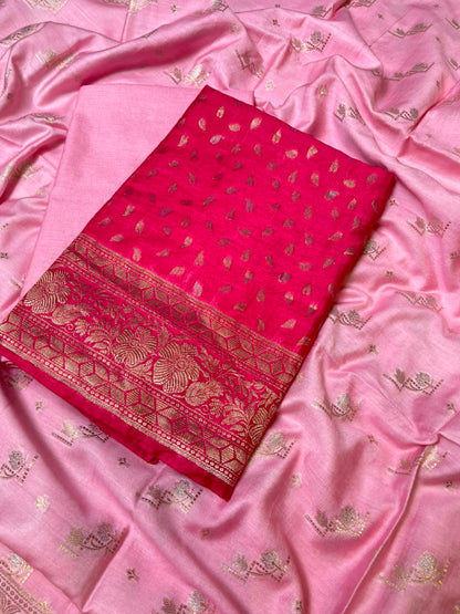 Raspberry Pink Pashmina Silk Chunri Zari Booti Banarasi Suit with Contrast Pastel Pink Floral Dupatta 125DAN_PMC11