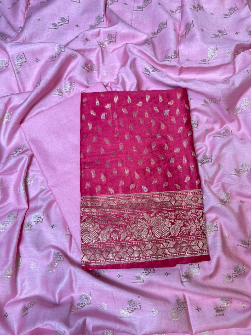 Raspberry Pink Pashmina Silk Chunri Zari Booti Banarasi Suit with Contrast Pastel Pink Floral Dupatta 125DAN_PMC11