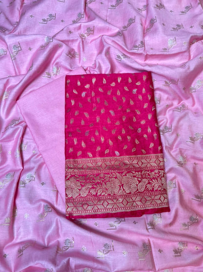 Raspberry Pink Pashmina Silk Chunri Zari Booti Banarasi Suit with Contrast Pastel Pink Floral Dupatta 125DAN_PMC11
