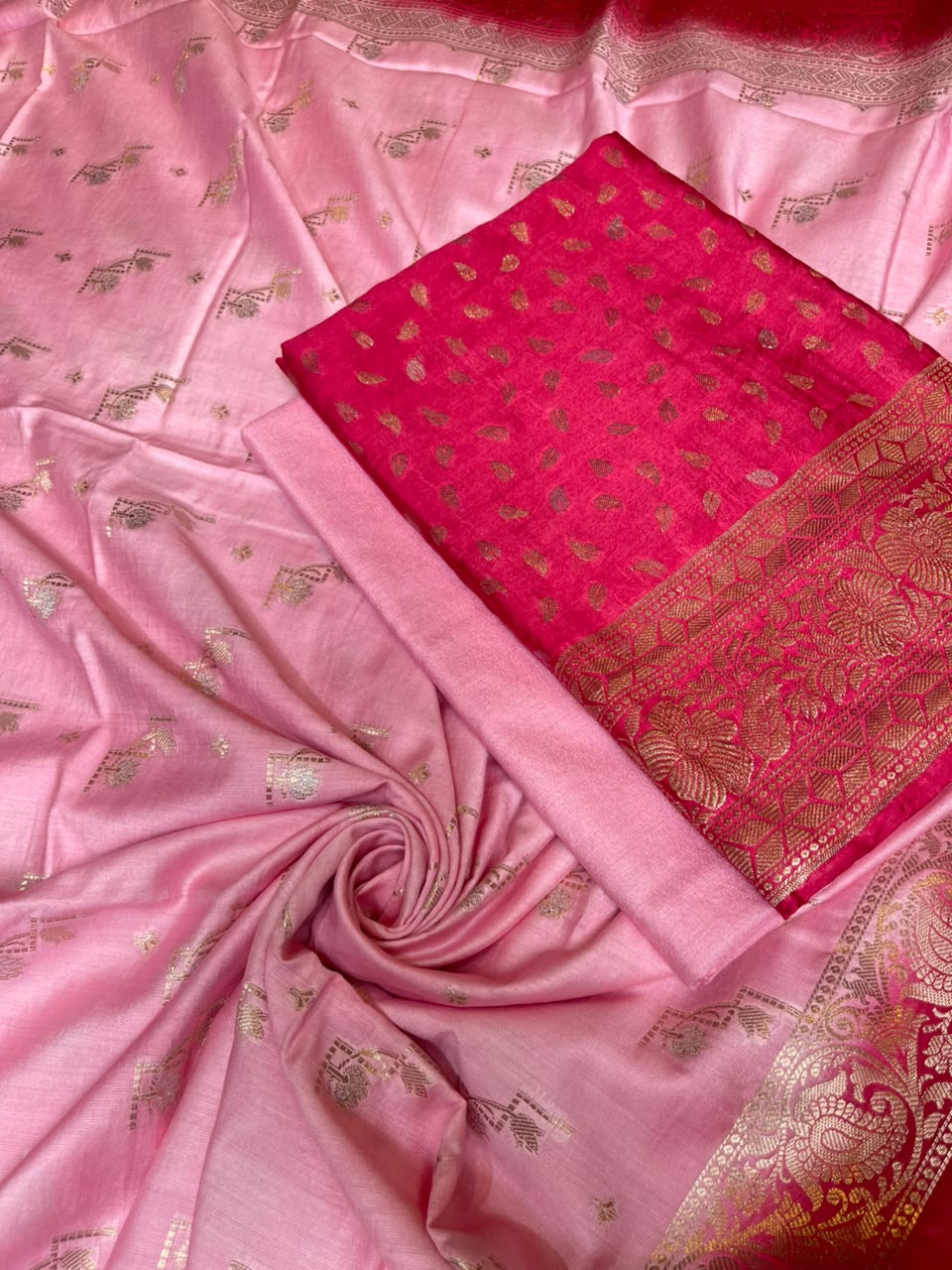 Raspberry Pink Pashmina Silk Chunri Zari Booti Banarasi Suit with Contrast Pastel Pink Floral Dupatta 125DAN_PMC11