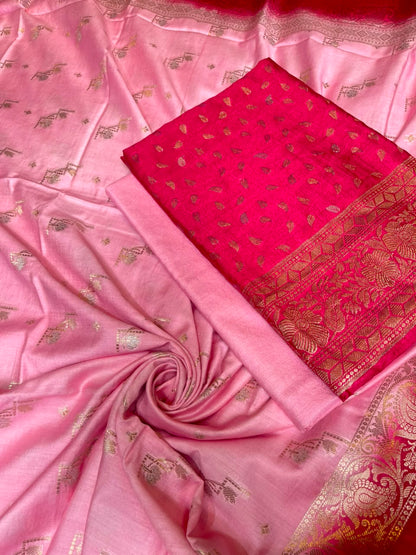 Raspberry Pink Pashmina Silk Chunri Zari Booti Banarasi Suit with Contrast Pastel Pink Floral Dupatta 125DAN_PMC11