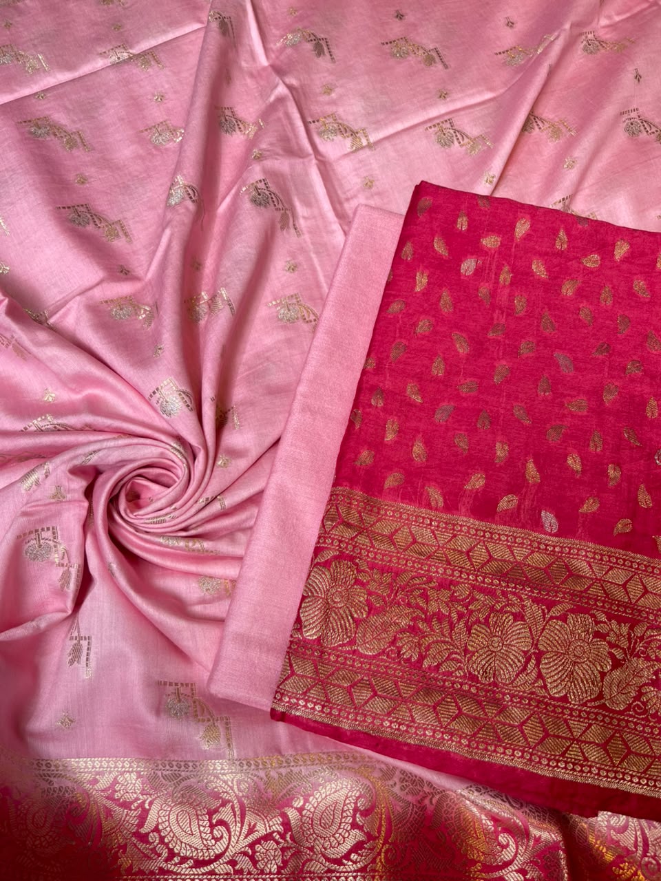 Raspberry Pink Pashmina Silk Chunri Zari Booti Banarasi Suit with Contrast Pastel Pink Floral Dupatta 125DAN_PMC11