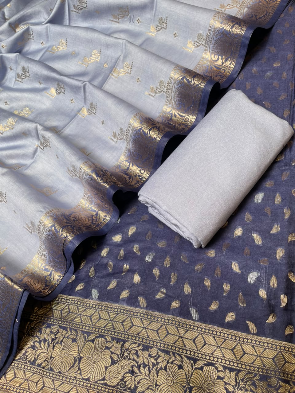 Deep Navy Blue Pashmina Silk Chunri Zari Booti Banarasi Suit with Contrast Blue Floral Dupatta 125DAN_PMC12