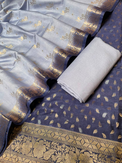 Deep Navy Blue Pashmina Silk Chunri Zari Booti Banarasi Suit with Contrast Blue Floral Dupatta 125DAN_PMC12