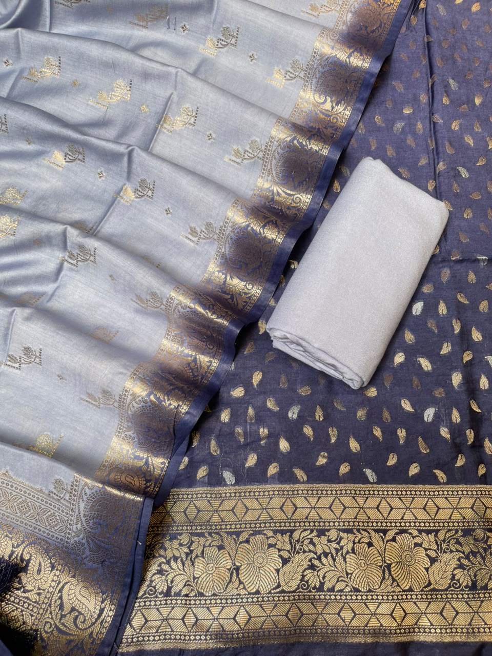 Deep Navy Blue Pashmina Silk Chunri Zari Booti Banarasi Suit with Contrast Blue Floral Dupatta 125DAN_PMC12