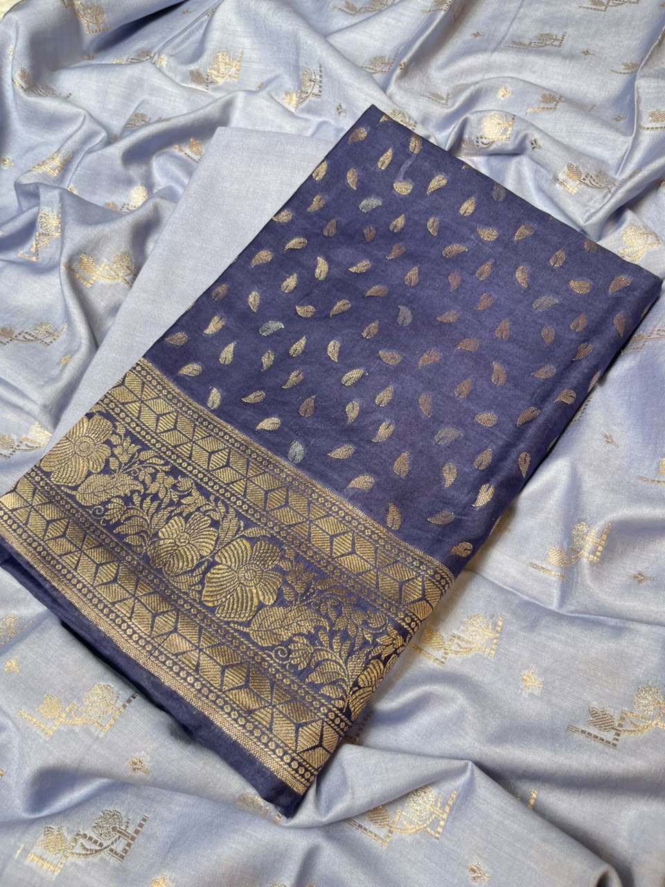Deep Navy Blue Pashmina Silk Chunri Zari Booti Banarasi Suit with Contrast Blue Floral Dupatta 125DAN_PMC12