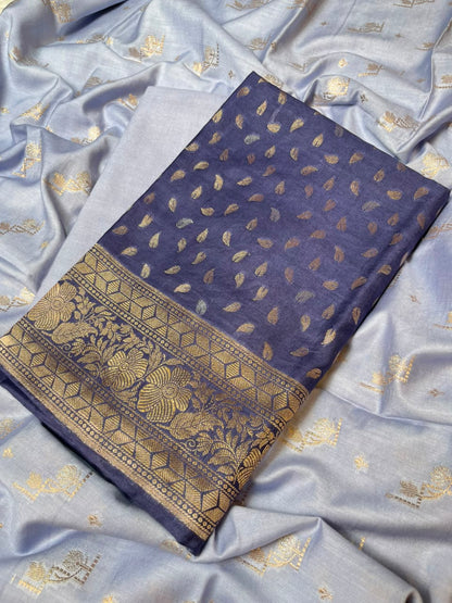 Deep Navy Blue Pashmina Silk Chunri Zari Booti Banarasi Suit with Contrast Blue Floral Dupatta 125DAN_PMC12
