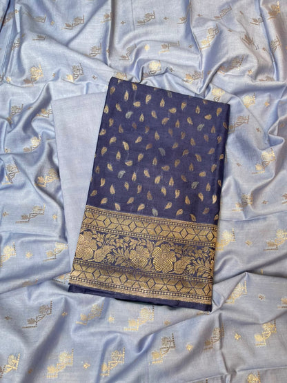 Deep Navy Blue Pashmina Silk Chunri Zari Booti Banarasi Suit with Contrast Blue Floral Dupatta 125DAN_PMC12
