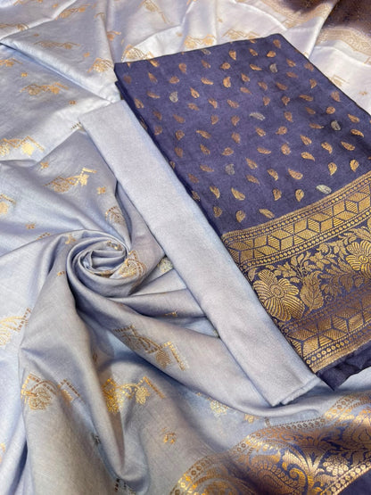 Deep Navy Blue Pashmina Silk Chunri Zari Booti Banarasi Suit with Contrast Blue Floral Dupatta 125DAN_PMC12