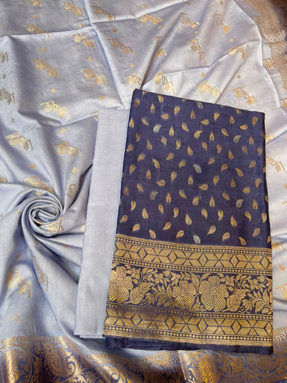 Deep Navy Blue Pashmina Silk Chunri Zari Booti Banarasi Suit with Contrast Blue Floral Dupatta 125DAN_PMC12