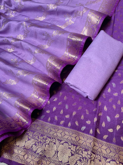 Deep Violet Pashmina Silk Chunri Zari Booti Banarasi Suit with Contrast Lavander Floral Dupatta 125DAN_PMC13