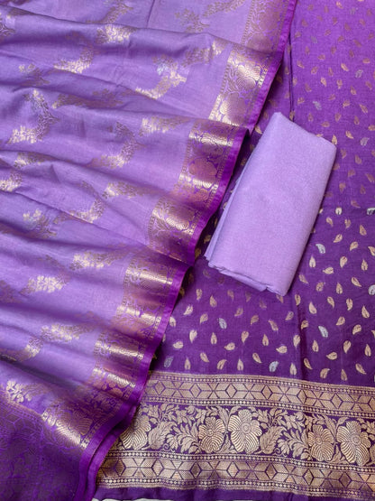 Deep Violet Pashmina Silk Chunri Zari Booti Banarasi Suit with Contrast Lavander Floral Dupatta 125DAN_PMC13