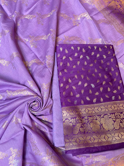 Deep Violet Pashmina Silk Chunri Zari Booti Banarasi Suit with Contrast Lavander Floral Dupatta 125DAN_PMC13