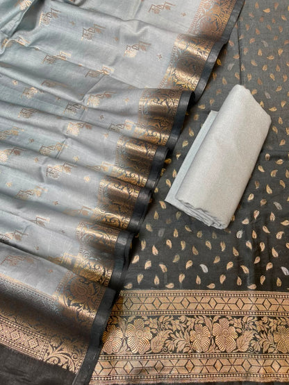 Black Pink Pashmina Silk Chunri Zari Booti Banarasi Suit with Contrast Grey Floral Dupatta 125DAN_PMC14