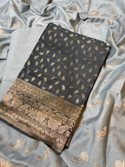 Black Pink Pashmina Silk Chunri Zari Booti Banarasi Suit with Contrast Grey Floral Dupatta 125DAN_PMC14