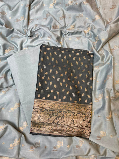 Black Pink Pashmina Silk Chunri Zari Booti Banarasi Suit with Contrast Grey Floral Dupatta 125DAN_PMC14