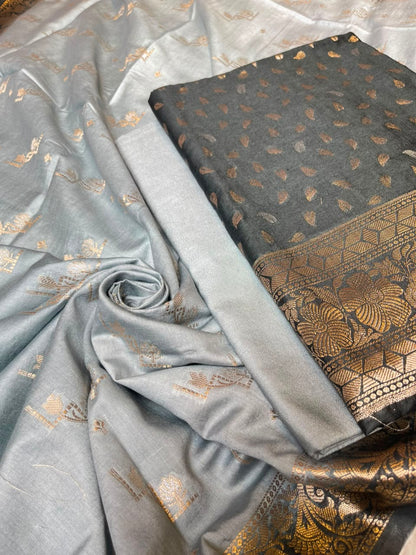 Black Pink Pashmina Silk Chunri Zari Booti Banarasi Suit with Contrast Grey Floral Dupatta 125DAN_PMC14
