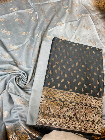 Black Pink Pashmina Silk Chunri Zari Booti Banarasi Suit with Contrast Grey Floral Dupatta 125DAN_PMC14