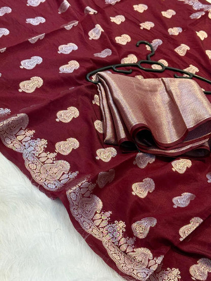 Wine Dyeable Katan Silk Paisley Zari Booti Floral Zari Border Banarasi Saree 1075AM_KS1