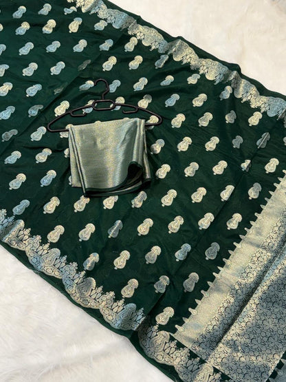 Dark Green Dyeable Katan Silk Paisley Zari Booti Floral Zari Border Banarasi Saree 1075AM_KS3