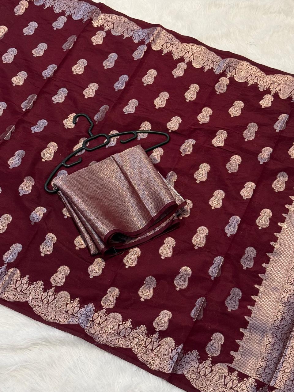 Wine Dyeable Katan Silk Paisley Zari Booti Floral Zari Border Banarasi Saree 1075AM_KS1