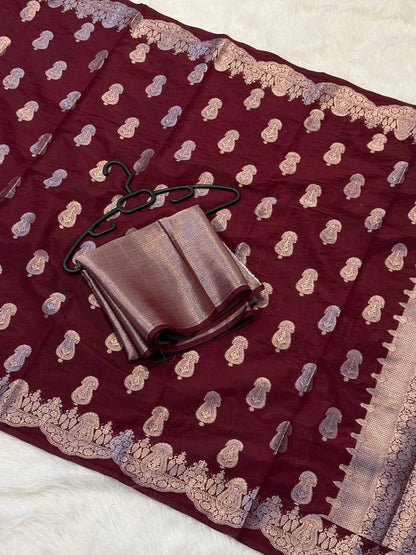 Wine Dyeable Katan Silk Paisley Zari Booti Floral Zari Border Banarasi Saree 1075AM_KS1