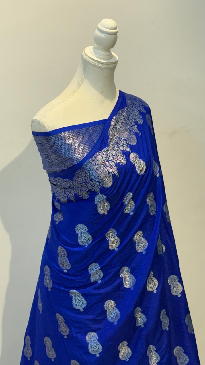 Royal Blue Dyeable Katan Silk Paisley Zari Booti Floral Zari Border Banarasi Saree 1075AM_KS2