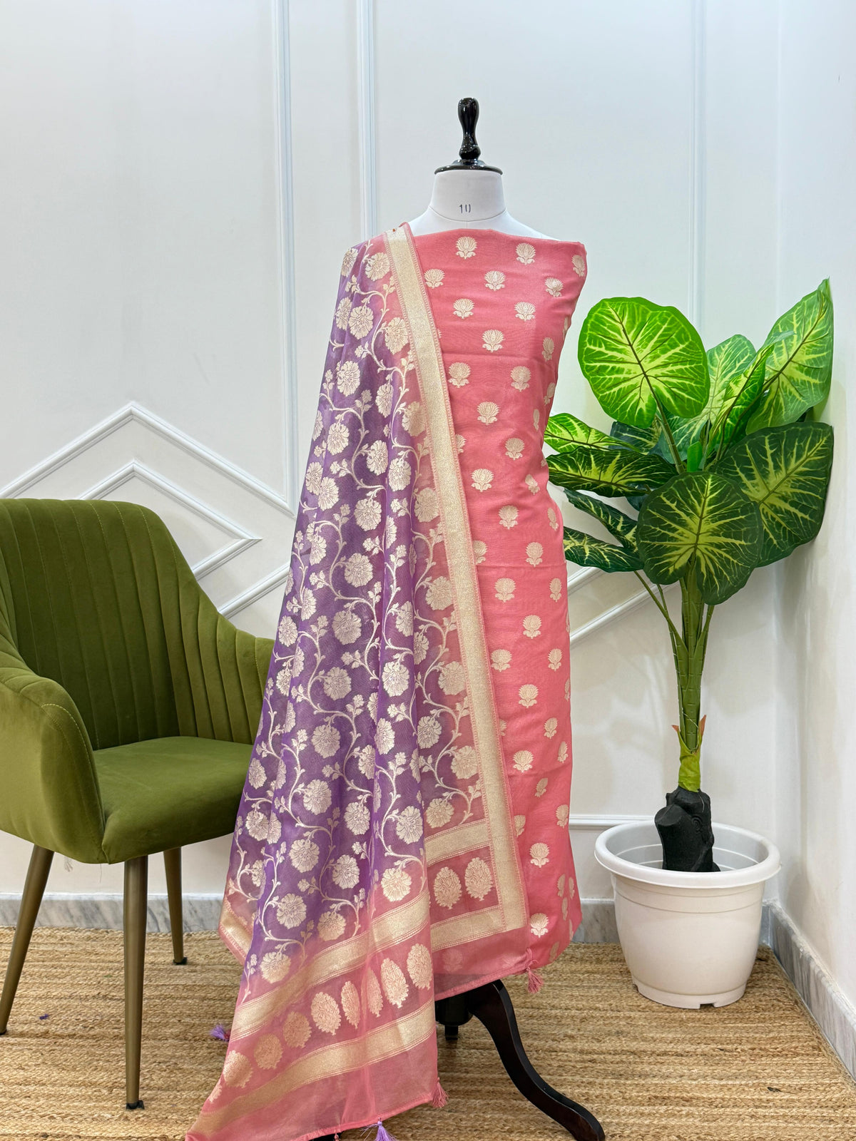 Pink Tissue Silk Lorex Zari Booti Banarasi Suit with Contrast Purple Zari Jaal Dupatta 22PNJ_TS1
