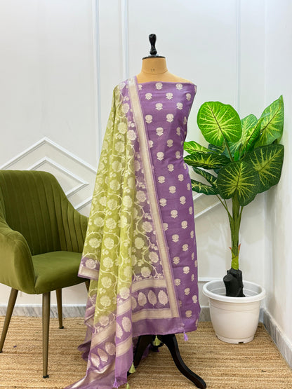 Purple Tissue Silk Lorex Zari Booti Banarasi Suit with Contrast Olive Green Zari Jaal Dupatta 22PNJ_TS5