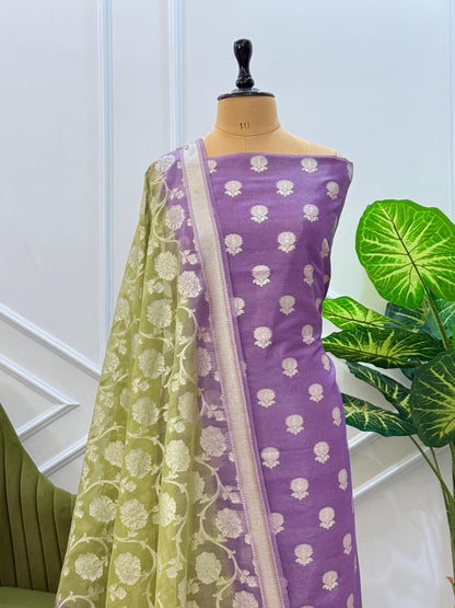 Purple Tissue Silk Lorex Zari Booti Banarasi Suit with Contrast Olive Green Zari Jaal Dupatta 22PNJ_TS5