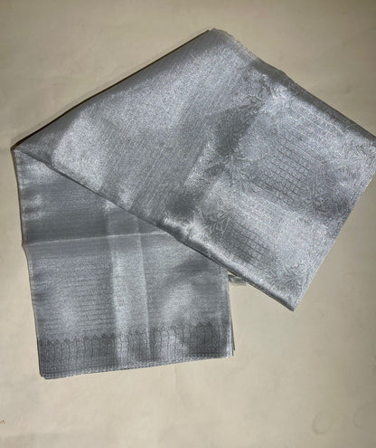 Faishana Presents Silver Supernet Banarasi Tissue Zari Stripe Skirt Floral Zari Border and Contrast Gold Pallu with Silver Blouse Banarasi Saree