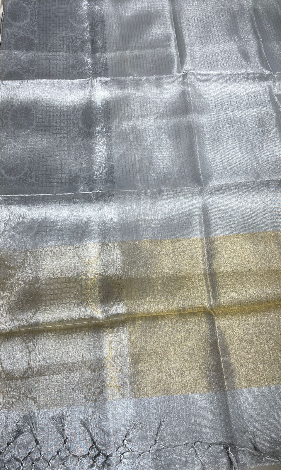 Faishana Presents Silver Supernet Banarasi Tissue Zari Stripe Skirt Floral Zari Border and Contrast Gold Pallu with Silver Blouse Banarasi Saree