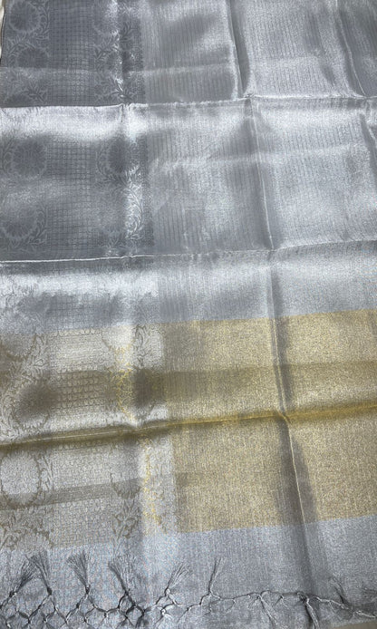 Faishana Presents Silver Supernet Banarasi Tissue Zari Stripe Skirt Floral Zari Border and Contrast Gold Pallu with Silver Blouse Banarasi Saree