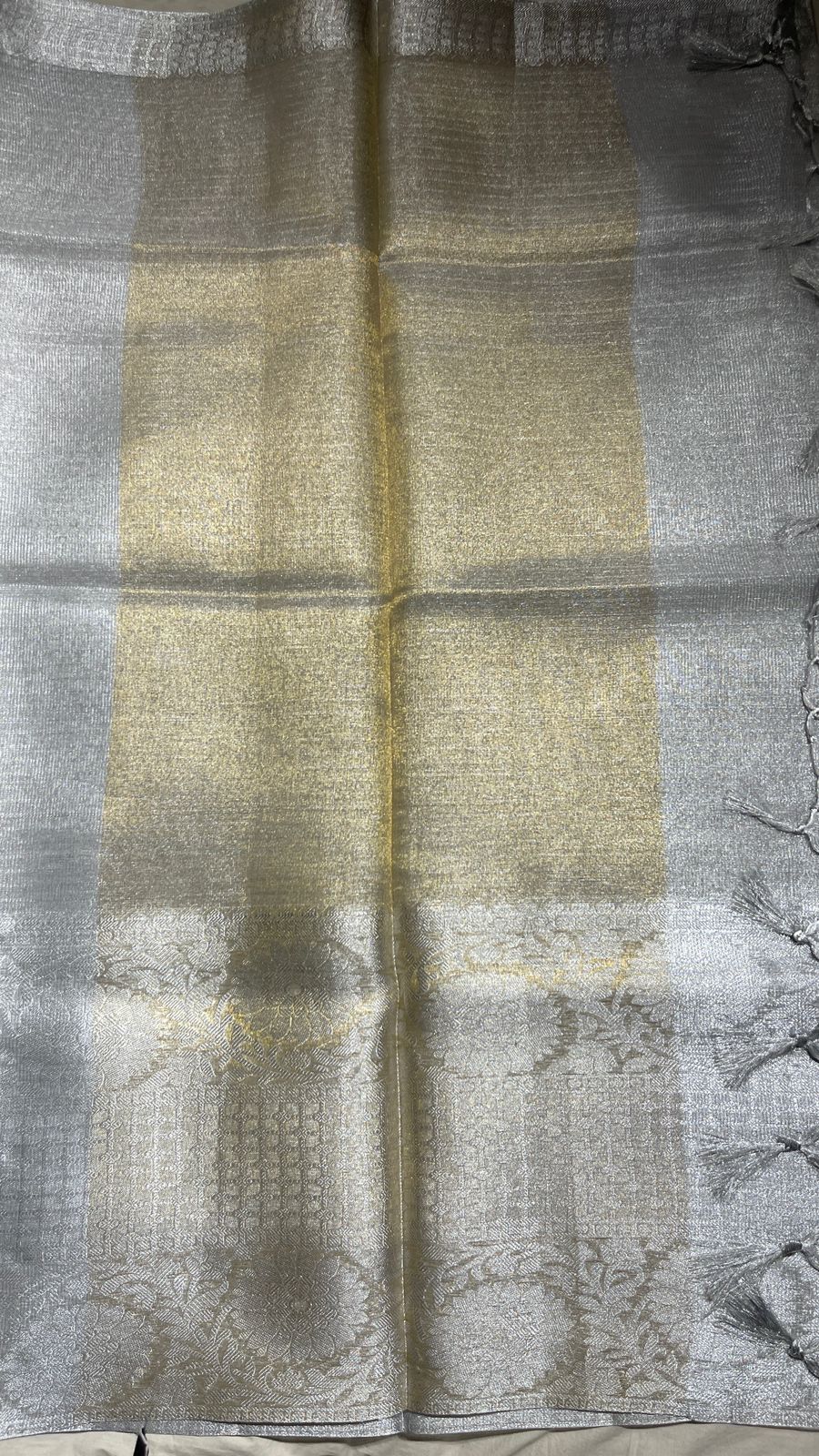 Faishana Presents Silver Supernet Banarasi Tissue Zari Stripe Skirt Floral Zari Border and Contrast Gold Pallu with Silver Blouse Banarasi Saree