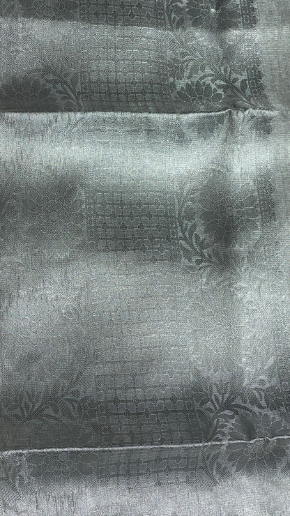Faishana Presents Silver Supernet Banarasi Tissue Zari Stripe Skirt Floral Zari Border and Contrast Gold Pallu with Silver Blouse Banarasi Saree
