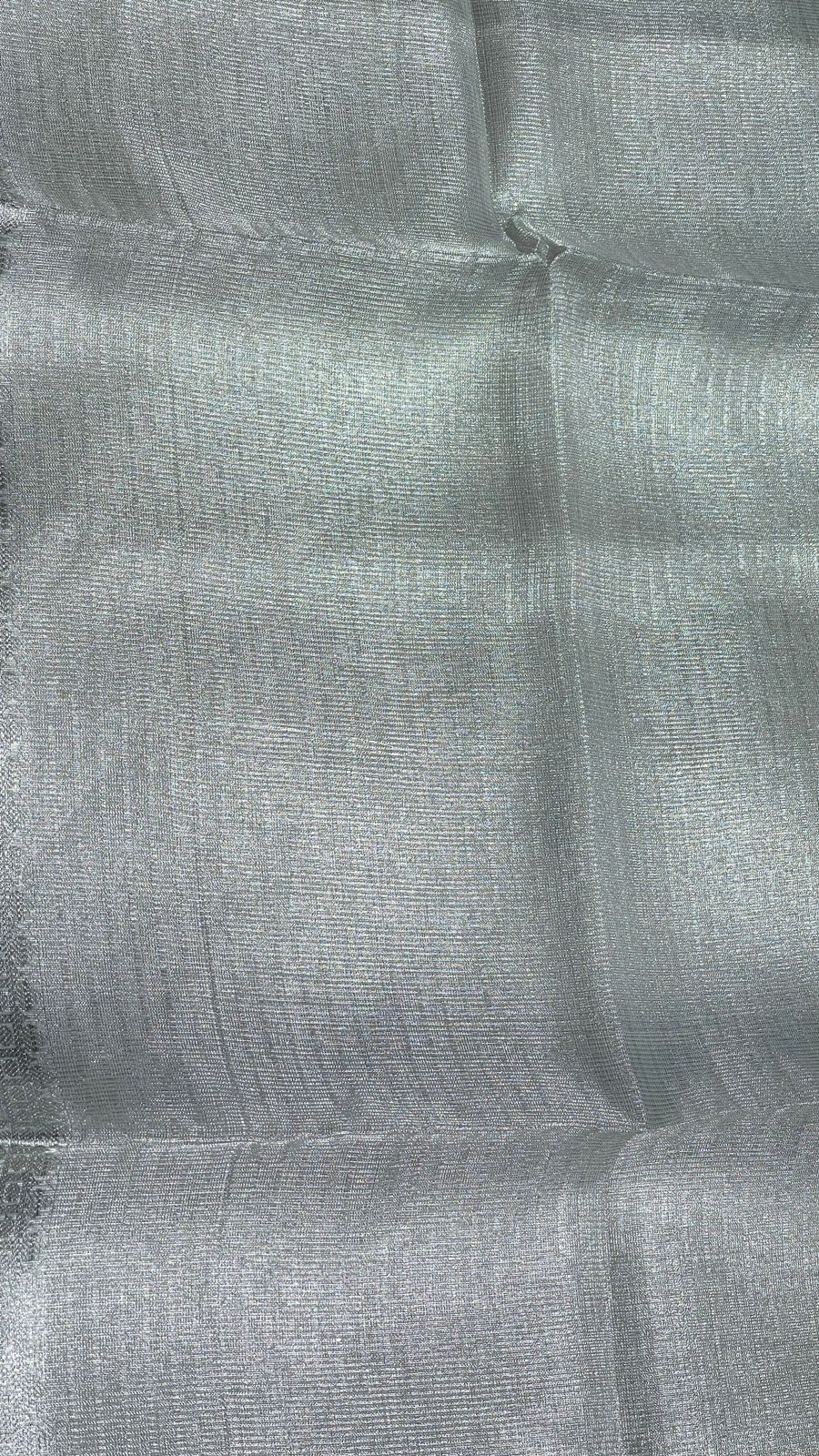 Faishana Presents Silver Supernet Banarasi Tissue Zari Stripe Skirt Floral Zari Border and Contrast Gold Pallu with Silver Blouse Banarasi Saree