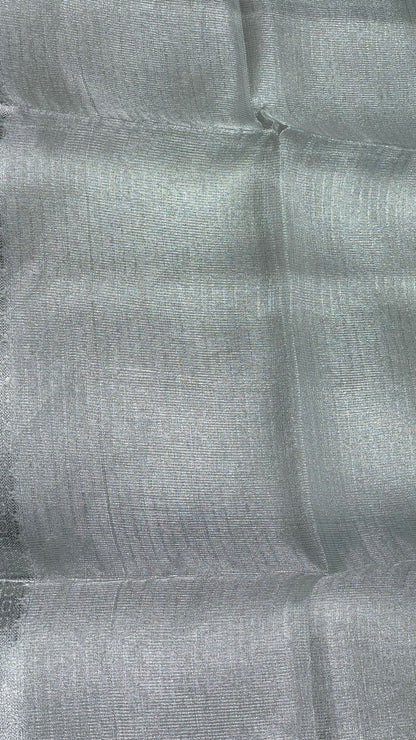 Faishana Presents Silver Supernet Banarasi Tissue Zari Stripe Skirt Floral Zari Border and Contrast Gold Pallu with Silver Blouse Banarasi Saree